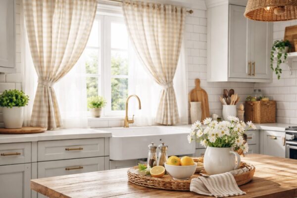 Kuhinja sa bež kariranim zavesama na prozoru, sivim kuhinjskim elementima, belim pločicama i drvenim stolom