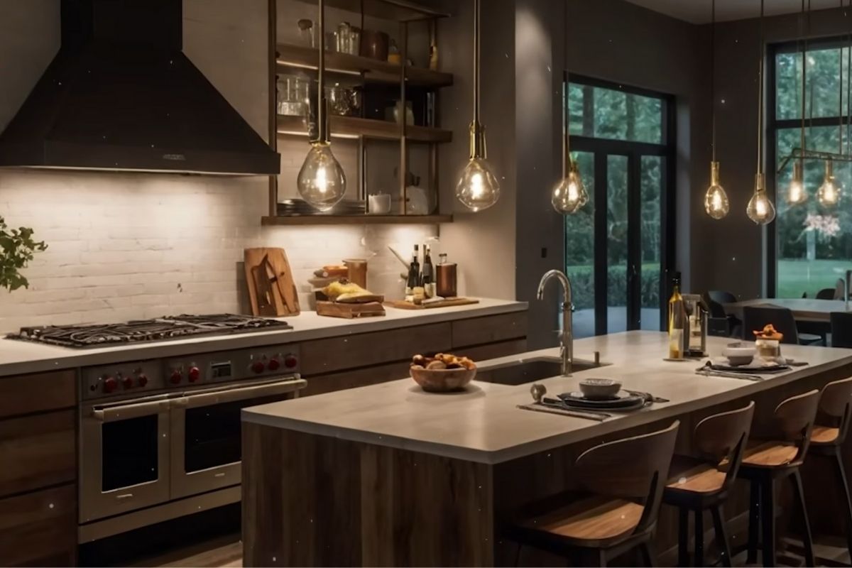 Moderna kuhinja osvetljena toplim visećim sijalicama koje stvaraju ugodnu, intimnu atmosferu