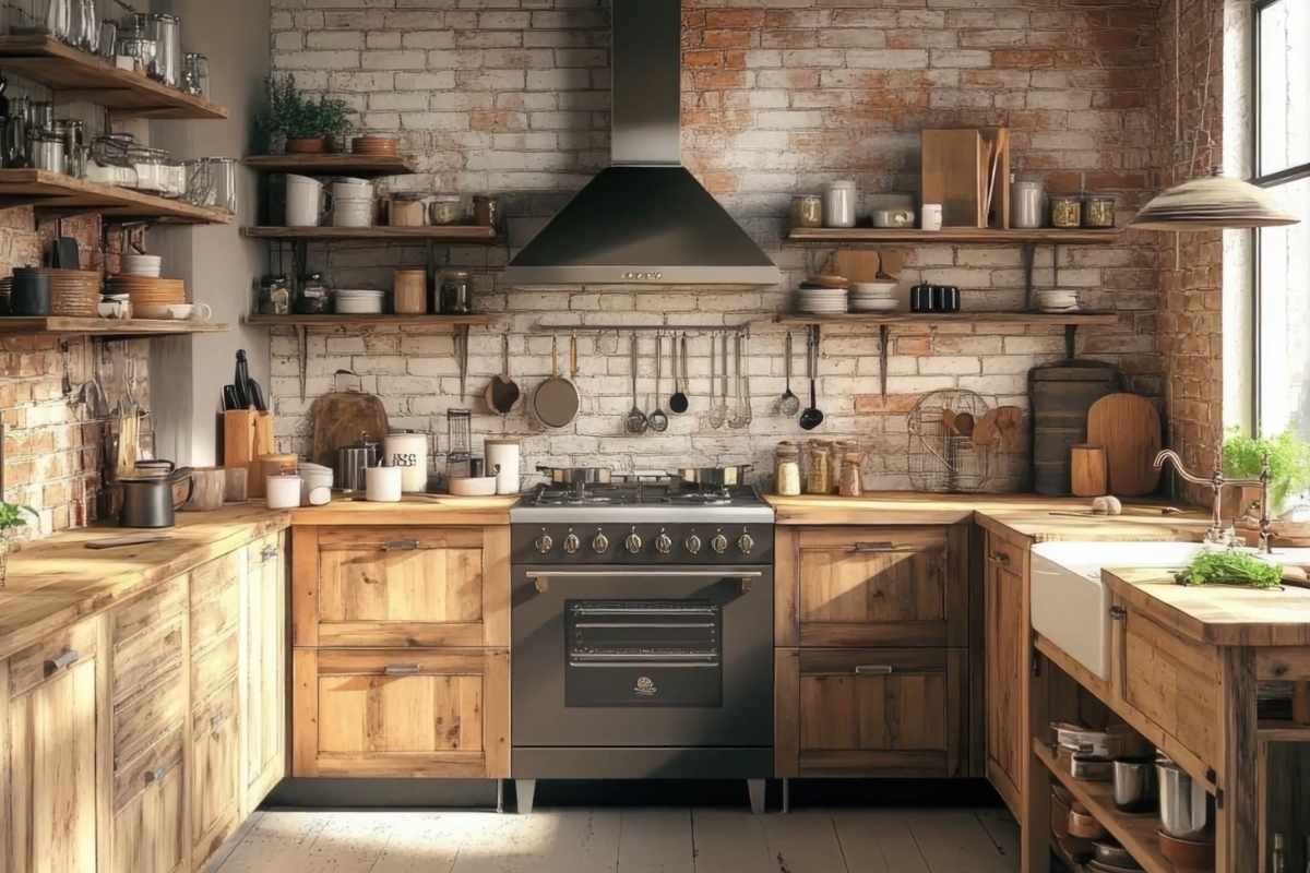 Drvena rustična kuhinja sa opekom, otvorenim policama i toplim dekorom koji stvara prijatnu domaću atmosferu